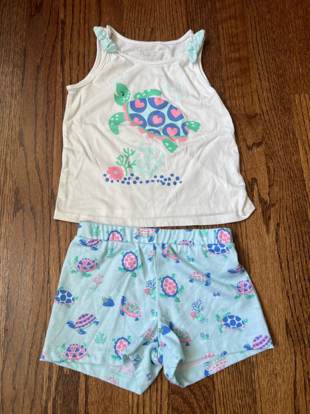 Girls Turtle Tank & Shorts Set - White & Light Blue